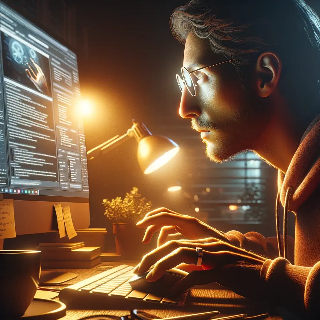 DALL·E 2024-03-14 14.04.45 - Visualize a hyperrealistic image of a person browsing the internet, wearing eyeglasses that reflect the glow of the computer screen. The scene takes p (1) - Allure Wellness Research on the Internet