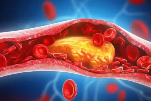 an illustration of a blood vessel with high cholesterol