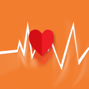 A paper heart on top of a heart beat line with orange background signifying heart health