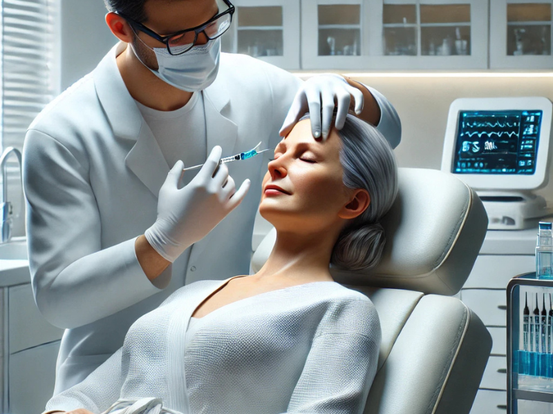 Doctor performing anti-wrinkle injection on elderly woman's forehead