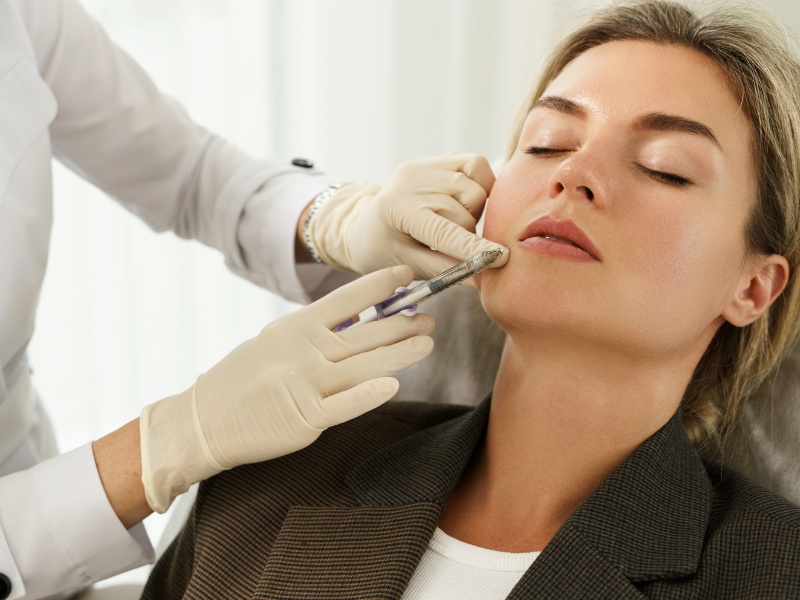 Doctor injecting dermal filler into woman's chin for enhancement
