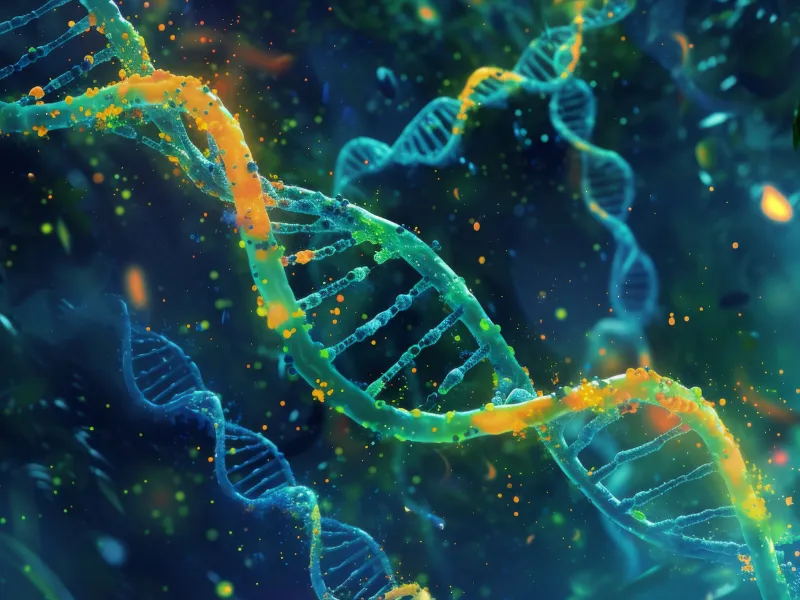 Colorful 3D-rendered DNA strands representing skincare and genetic research