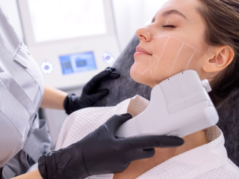 Aesthetician performing facial tightening procedure using advanced technology device
