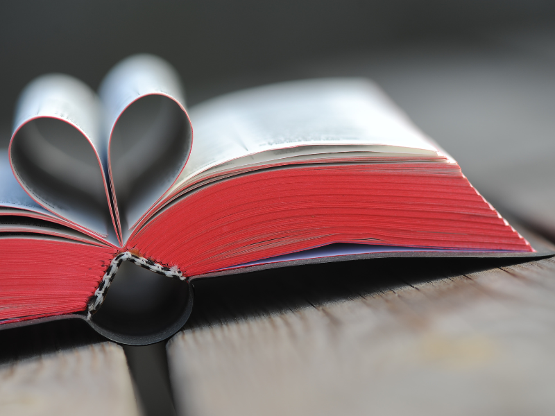 An open book with pages folded into a heart shape
