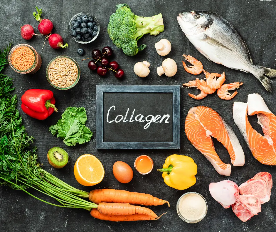 A variety of collagen-rich foods, including fish, vegetables, and nuts, displayed on a dark surface