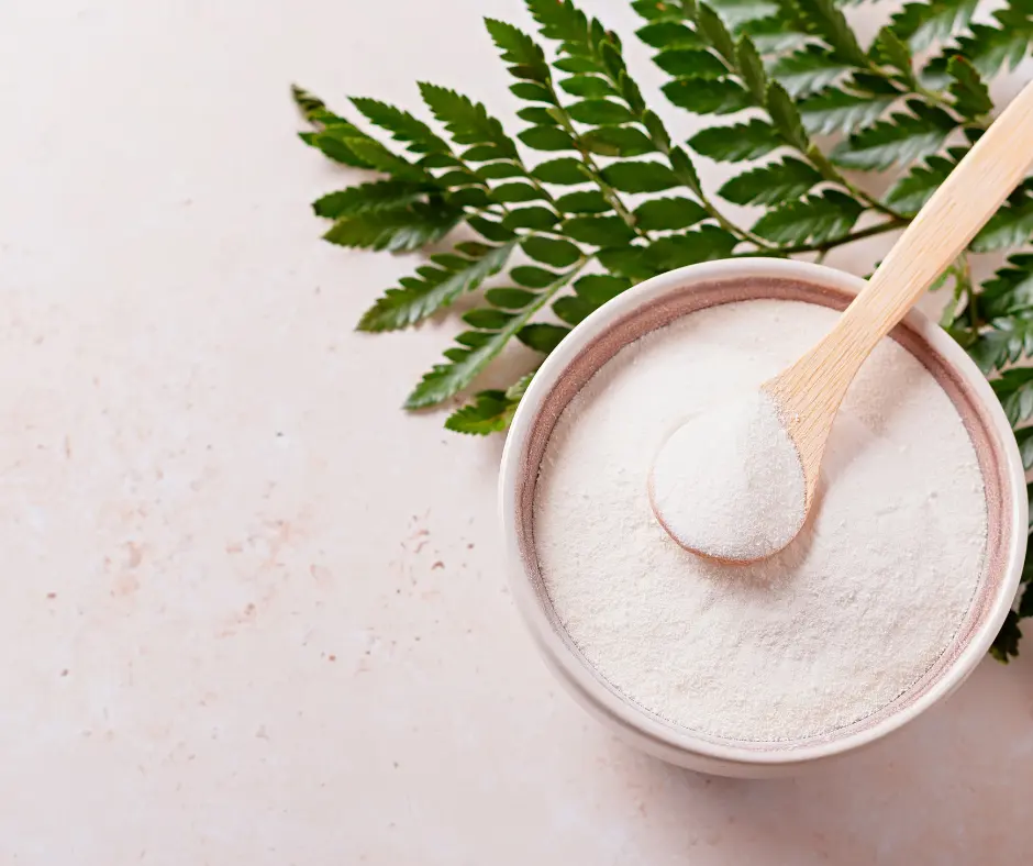 A wooden spoon filled with collagen powder placed in a ceramic bowl with green leaves