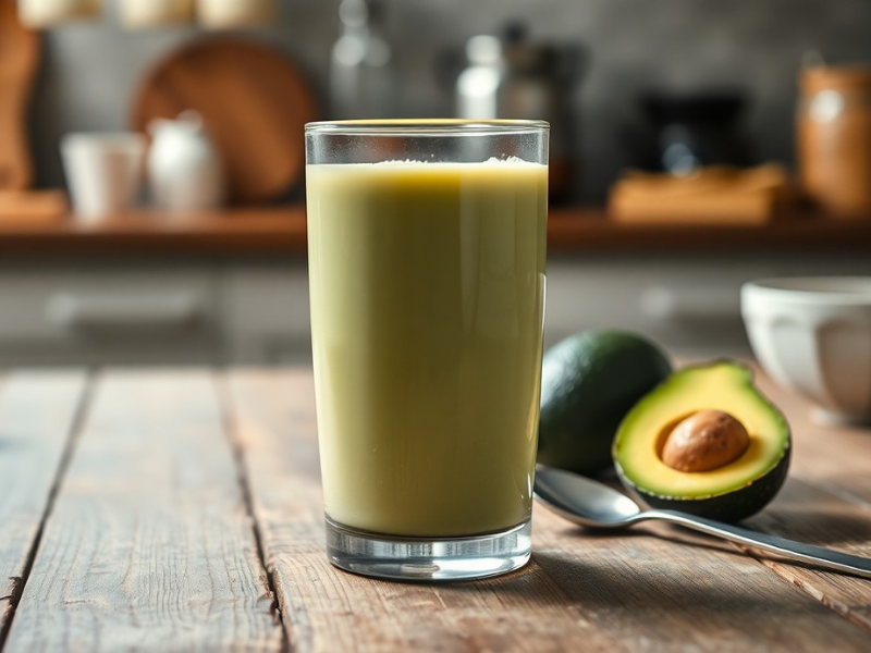 A tall glass filled with a creamy avocado smoothie, placed on a rustic wooden table with fresh avocados and a spoon beside it