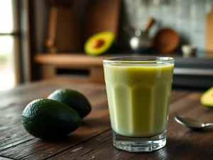 A glass of green avocado smoothie with whole and sliced avocados on a wooden countertop in a cozy kitchen ambiance