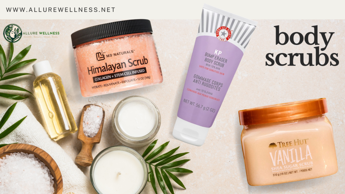 a picture of First Aid Beauty - KP Bump Eraser Body Scrub with 10% AHA, treenut vanil;a scrub and himalayan salt scrub along with other bath items laid out on a clean bathroom tile