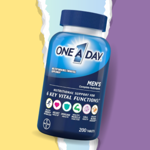 One A Day Men’s Multivitamin Bottle in from of a colorful background