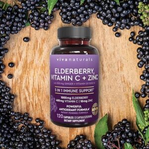 Viva Naturals Elderberry with Vitamin C + Zinc Bottle surrounded by elderberry 