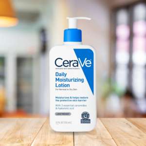 a CeraVe Bottle on a wooden table in a living room