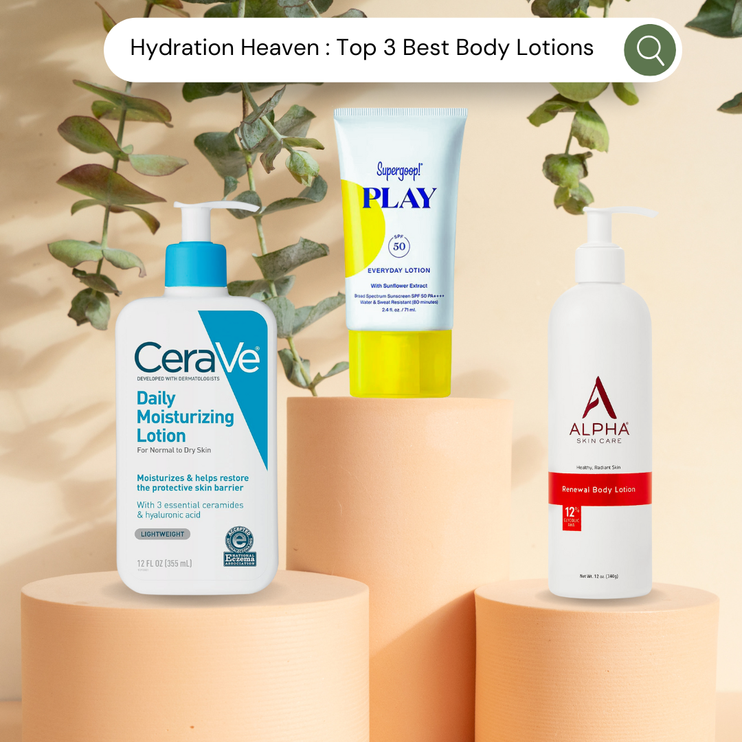 cerava, alpha and supergoop lotion in a podium ranking behind a nude colored background and plants
