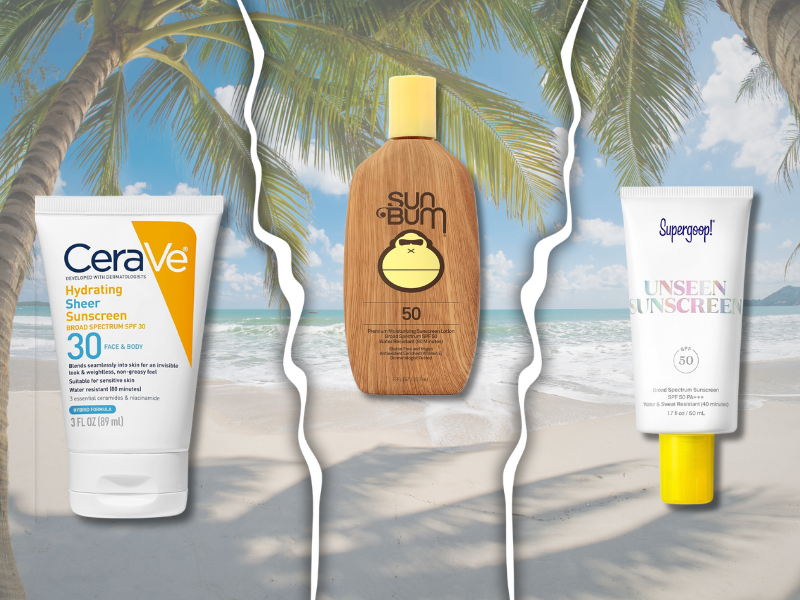 CeraVe, Sun Bum, and Supergoop! sunscreens divided on beach background