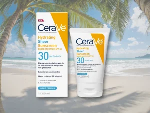 CeraVe Hydrating Sheer Sunscreen alongside its original packaging box
