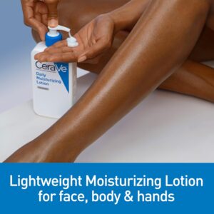 CeraVe Daily Moisturizing Lotion being pump on a hand and words of being lightweight and moisturizing.