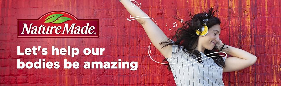 nature made multivatamins advertisement image with a lively girl listenign to music from headphones