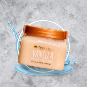 A picture of treenut vanila body scrub product packaging in front of a water splash behind