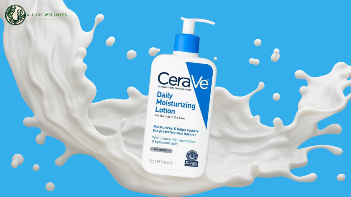 cerave daily lotion bottle with a splash of milk on a blue background.