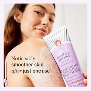 A woman holding a First Aid Beauty - KP Bump Eraser Body Scrub and featuring how it smoothens the skin after just 1 use