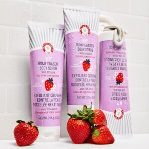 First Aid Beauty KP Bump Eraser Body Scrub bottles with strawberrries