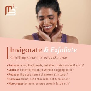 a woman happily touching her cheeks with both her hands and m3 himalayan salt scrub information