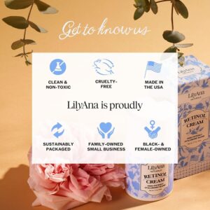 LilyAna Naturals key informations in front of a flower and LilyAna Naturals Retinol Cream packaging