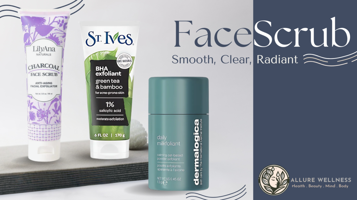 a minimalist studio setting with the 3 top face scrub recommendation