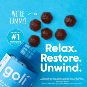Goli Ashwagandha Gummies Bottle and gummies on a blue background