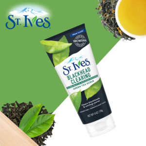 the St. Ives FAce Scrub on a white and green background with mint and tea