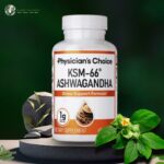 Physicians Choice Ashwagandha bottle on a black rock platform with Ashwagandha leaves