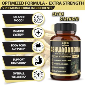 Agobi 5in1 Ashwagandha bottle and listed health benefits