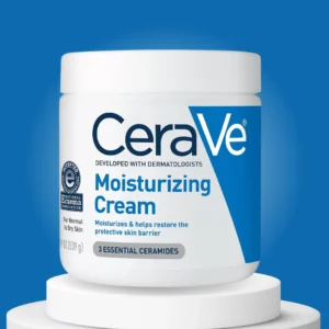 CeraVe Moisturizing Cream on a platform and dark blue background