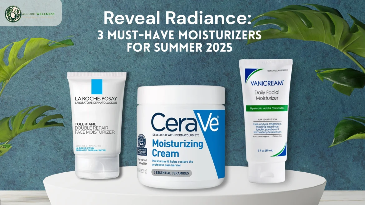 The 3 moisturizer products on a white platform and green background