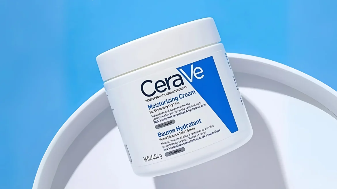 CeraVe Moisturizing Cream on a white circular plate with a blue background
