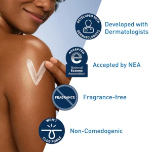 CeraVe moisturizer additional features while a woman is drawing a heart with the cream on her shoulder