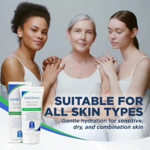 3 woman of different skin tone and age looking at the camera with a text stating how vanicream is for all skin types