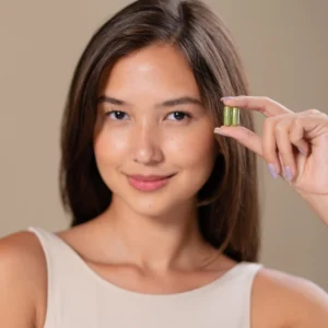 a beautiful woman holding a pill with her right hand