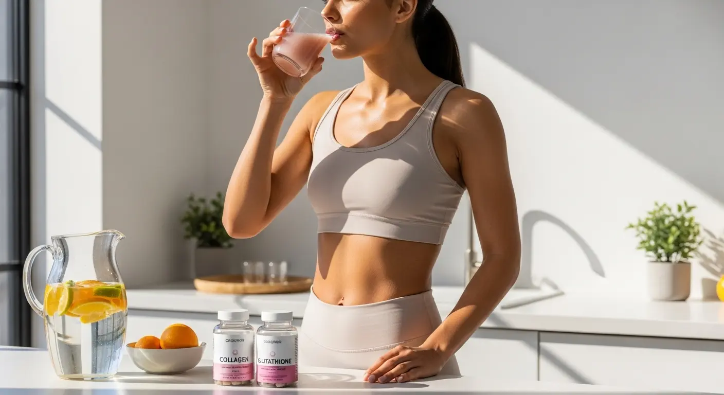 a woman drinking a juice infused with glutathione and collagen in the kitchen