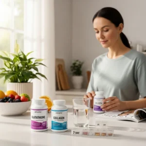 a woman in the kitchen about to take glutathione and collagen