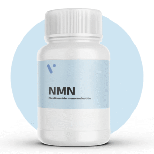 a bottle of nmn in a white and blue background